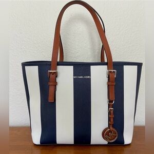 Michael Kors Navy and White Tote with Brown Handles
